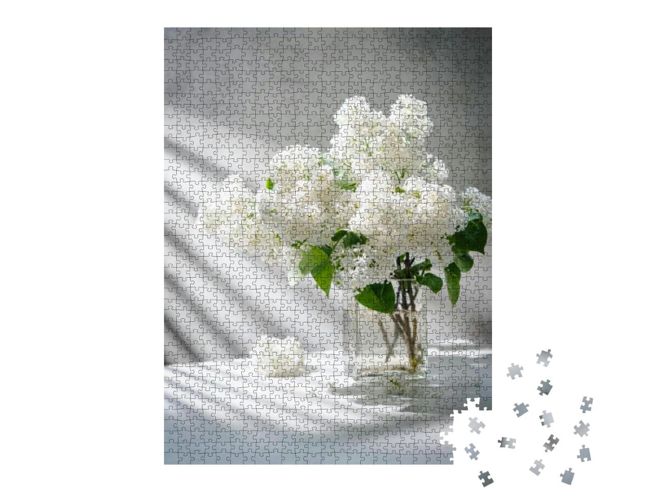 White Lilac Flowers Bouquet in a Jug Against a White Back... Jigsaw Puzzle with 1000 pieces