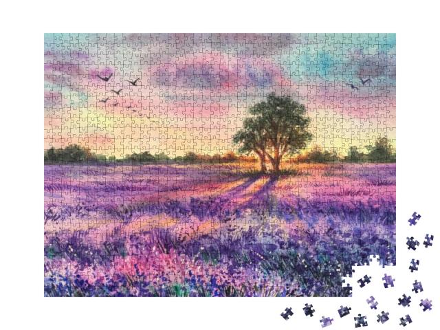Watercolor Lavender Field. Sunset Lavender Field. Violet... Jigsaw Puzzle with 1000 pieces