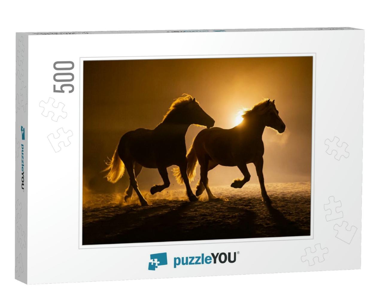 Silhouette of Two Galloping Haflinger Horses in a Orange... Jigsaw Puzzle with 500 pieces