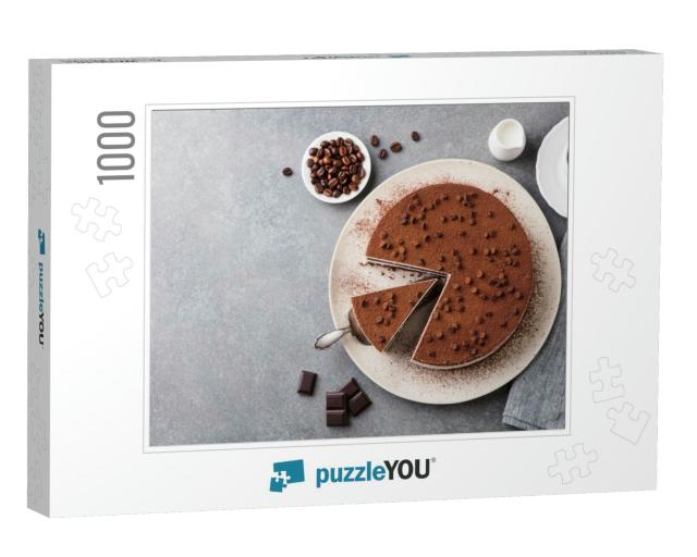 Tiramisu Cake with Chocolate Decotaion on a Plate. Grey S... Jigsaw Puzzle with 1000 pieces