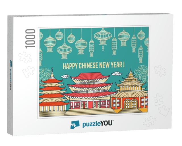Chinese New Year Flat Thin Line Greeting Card Temp... Jigsaw Puzzle with 1000 pieces