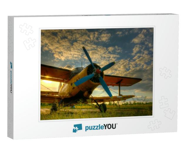 Hdr Photo of an Old Airplane on Green Grass & Sunset Back... Jigsaw Puzzle