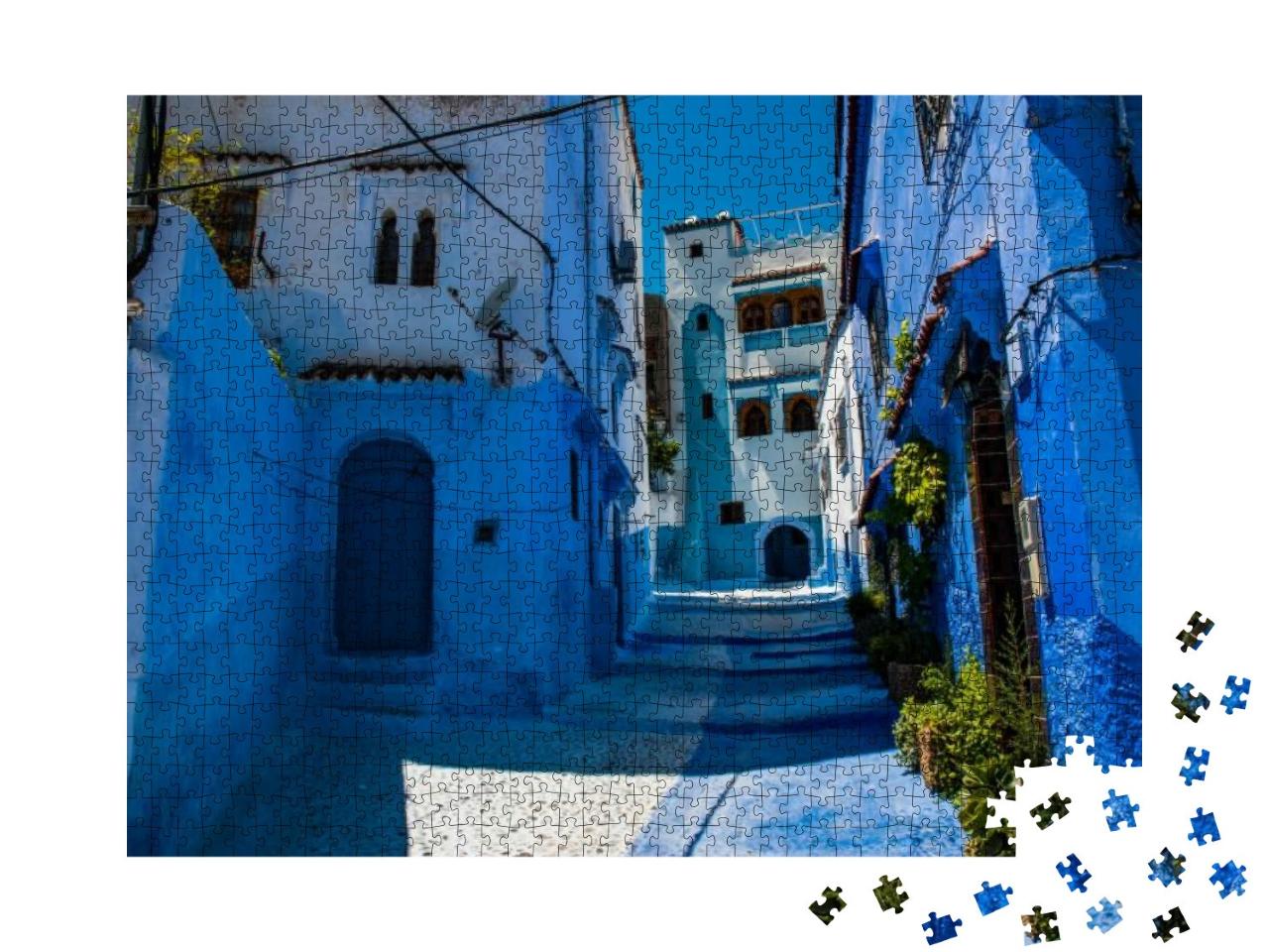 Streets of Blue City, Chefchaouen in Marocco. White & Blu... Jigsaw Puzzle with 1000 pieces