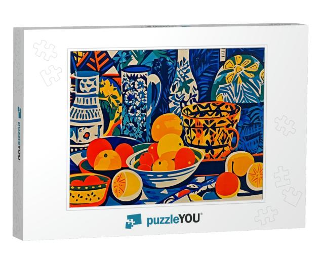 Colorful Fruits and Ceramics in Abstract Form Create a Beautiful Still Life Jigsaw Puzzle