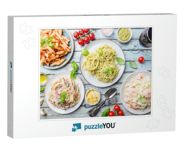 Several Plates of Pasta with Different Kinds of Sauce Ove... Jigsaw Puzzle