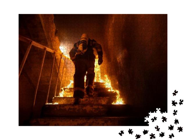 Strong & Brave Firefighter Going Up the Stairs in Burning... Jigsaw Puzzle with 1000 pieces
