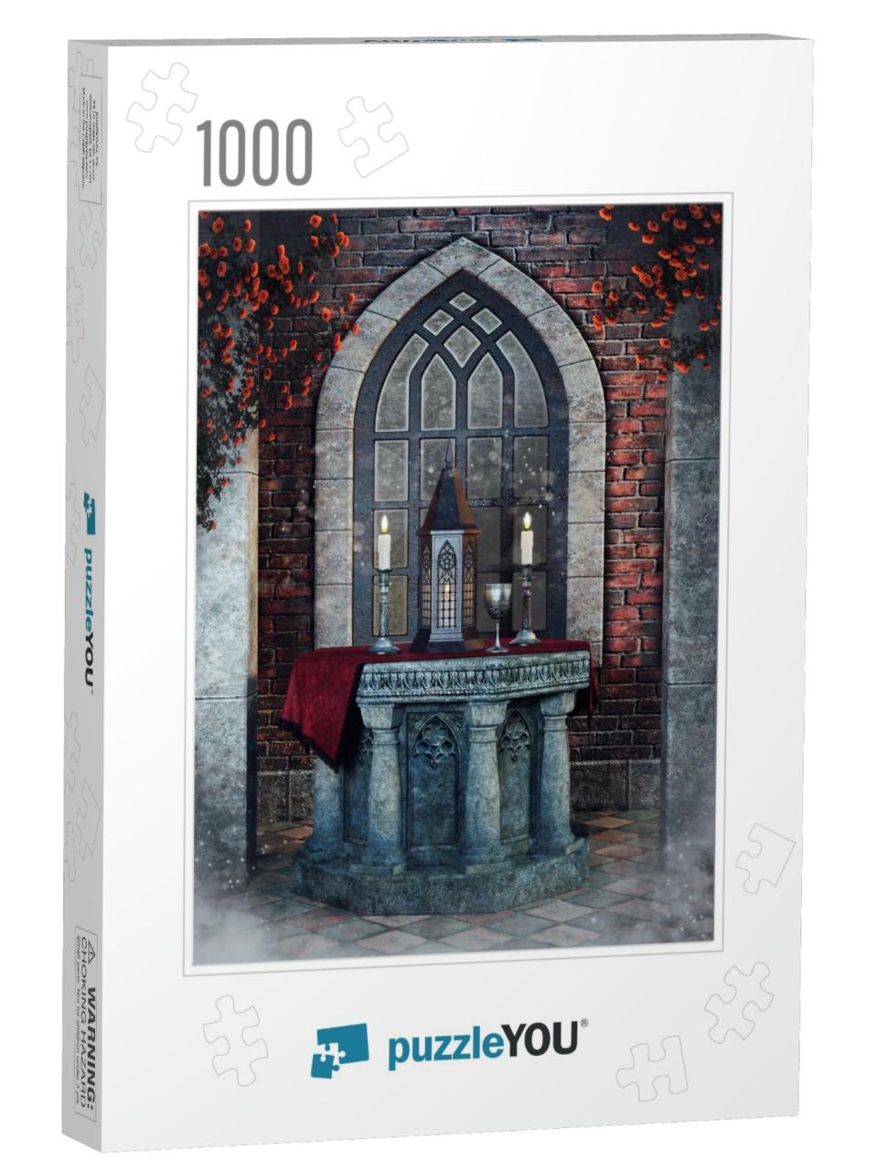 Fantasy Stone Altar with Candles & Goblet in Front of a G... Jigsaw Puzzle with 1000 pieces
