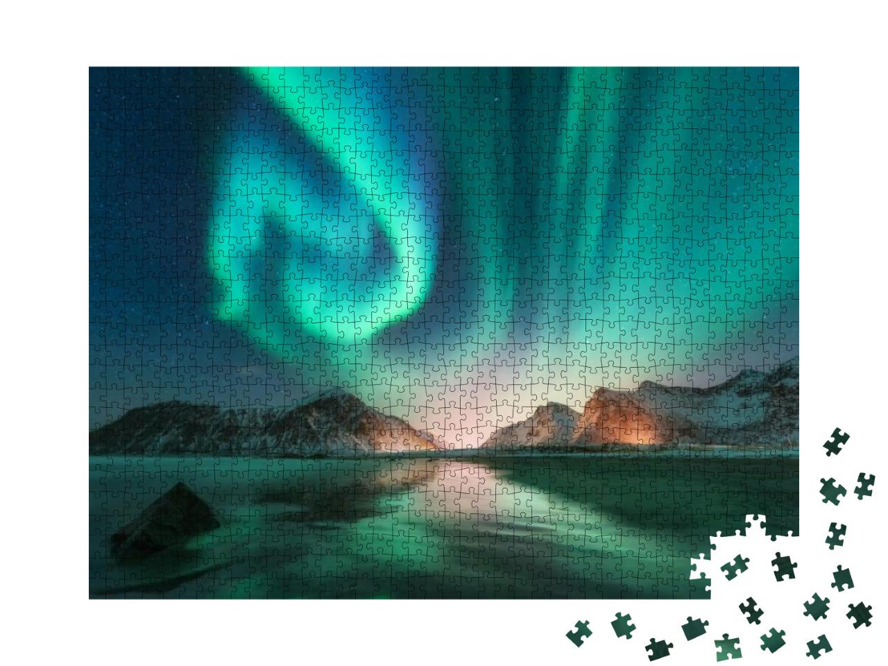 Aurora Borealis in Lofoten Islands, Norway. Aurora. Green... Jigsaw Puzzle with 1000 pieces