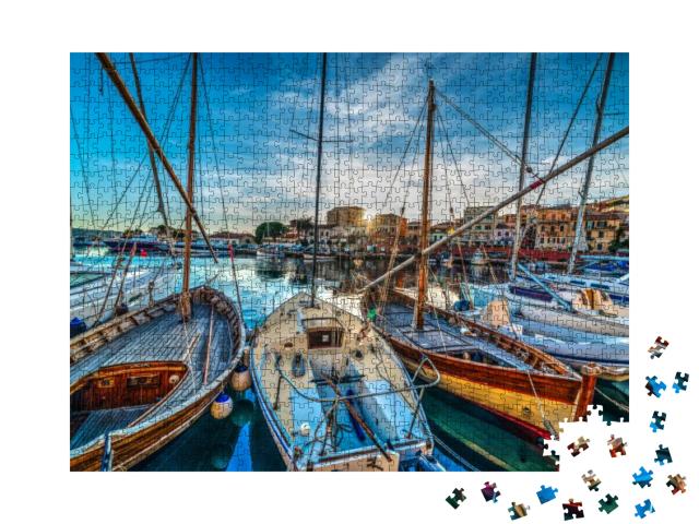 Wooden Boats in La Maddalena Harbor At Sunset. Sardinia... Jigsaw Puzzle with 1000 pieces