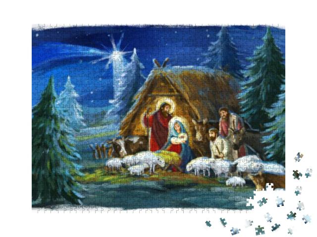 Traditional Christmas Scene with Holy Family & Animals... Jigsaw Puzzle with 1000 pieces