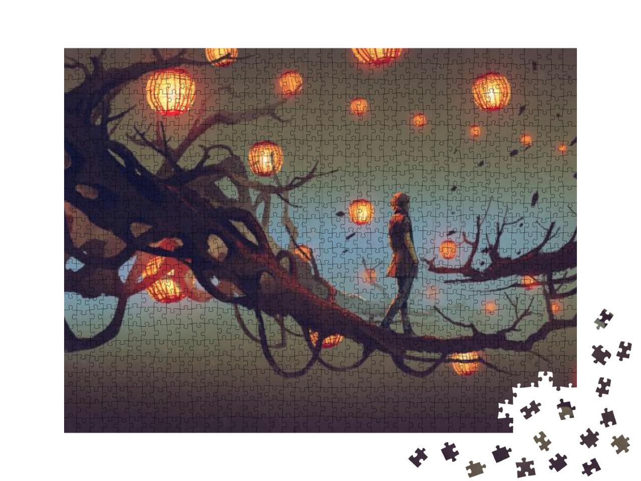 Man Walking on a Tree Branch with Many Red Lanterns on Ba... Jigsaw Puzzle with 1000 pieces