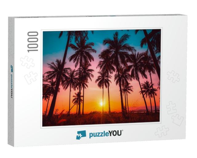 Silhouette Coconut Palm Trees on Beach At Sunset. Vintage... Jigsaw Puzzle with 1000 pieces