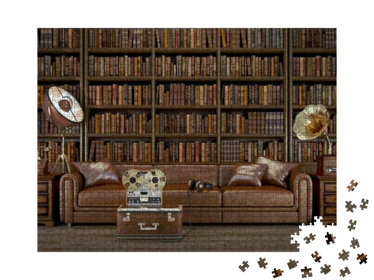 Vintage Living Room. Leather Sofa & Library with Old Phon... Jigsaw Puzzle with 1000 pieces