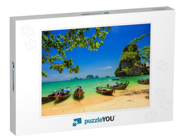 Traditional Longtail Boat At Sunset on Tropical Island, T... Jigsaw Puzzle