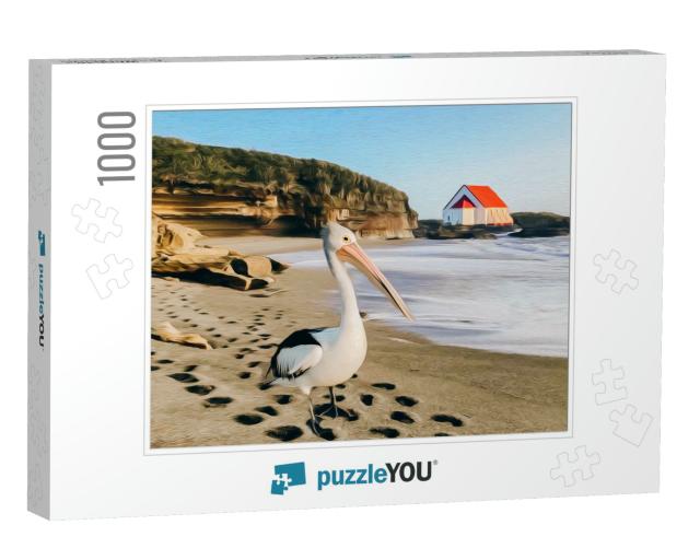 Pelican on the Beach. Oil Painting Imitation. 3D Illustra... Jigsaw Puzzle with 1000 pieces