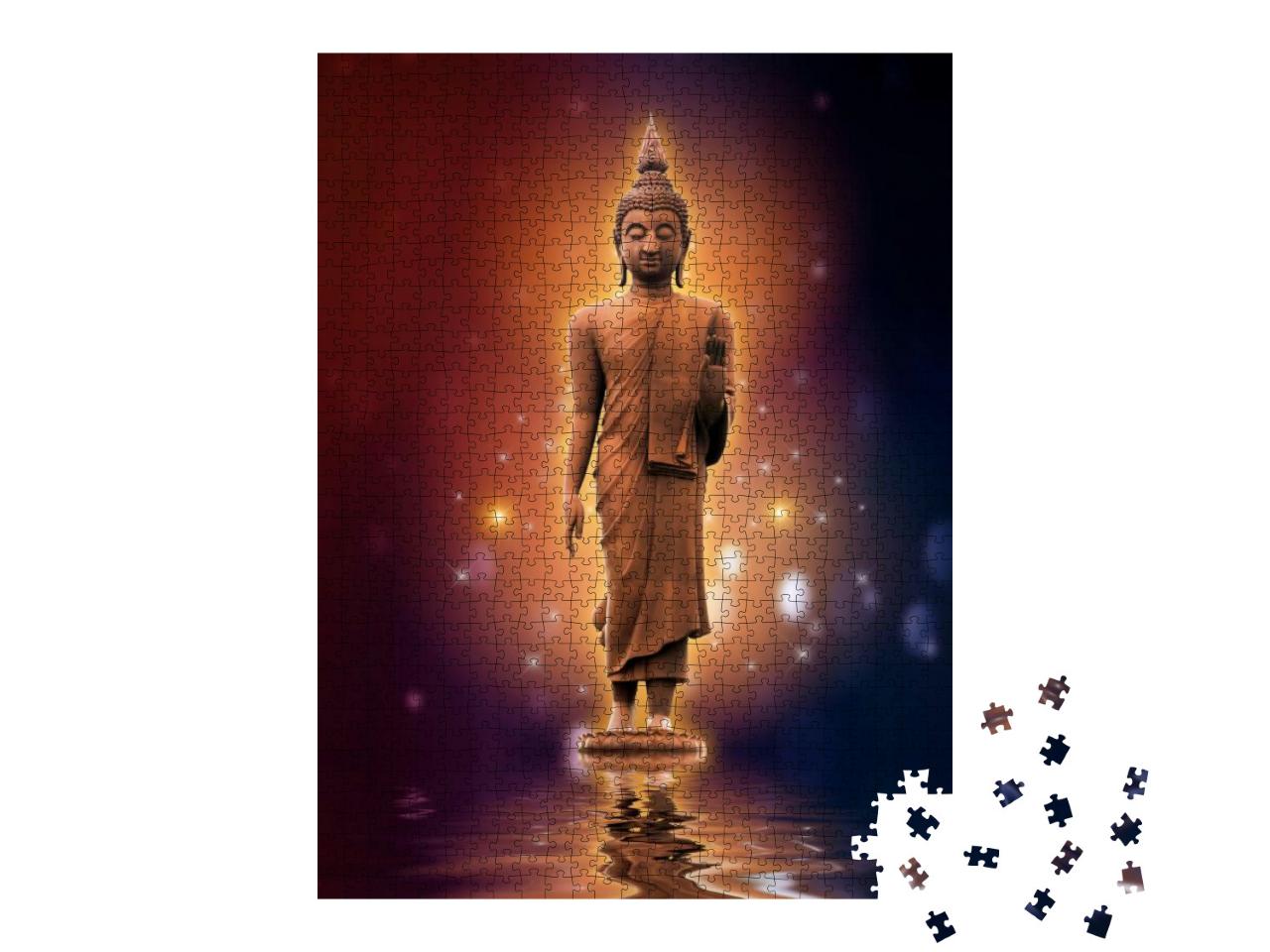 Buddha Statue on Water Gold Background Purple Color Blue... Jigsaw Puzzle with 1000 pieces