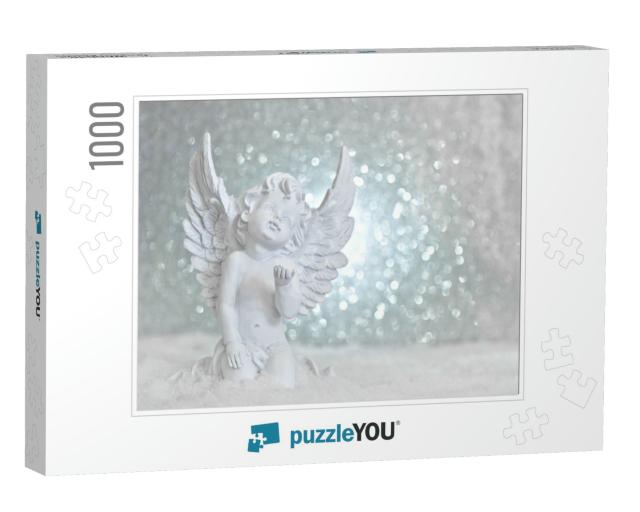 Little White Guardian Angel in Snow on Shiny Lights Backg... Jigsaw Puzzle with 1000 pieces