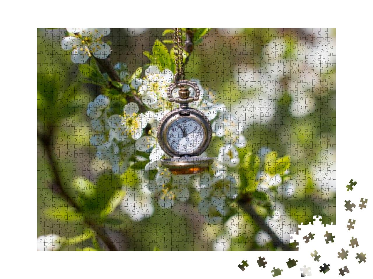 A Ticking Clock Against a Background of Flowering Trees... Jigsaw Puzzle with 1000 pieces