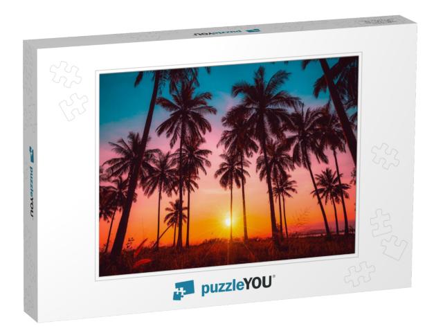 Silhouette Coconut Palm Trees on Beach At Sunset. Vintage... Jigsaw Puzzle