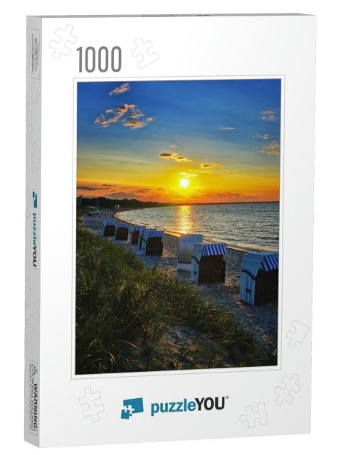 Beach with Beach Chairs & Sunset on the Baltic Sea in Glo... Jigsaw Puzzle with 1000 pieces