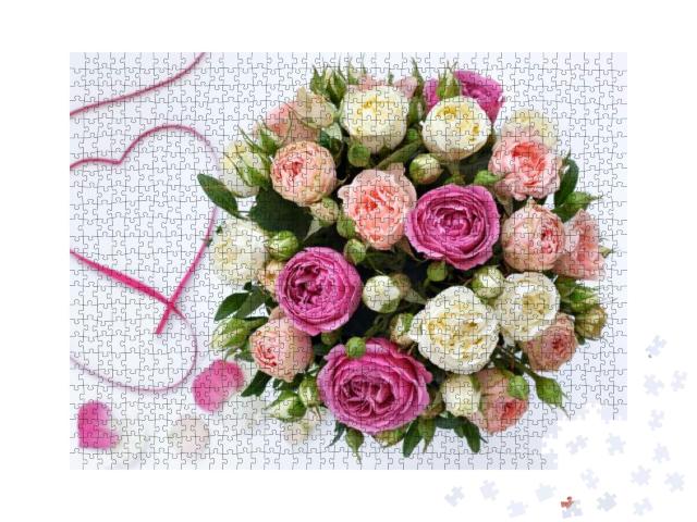 Bouquet of Roses on a White Background, Close-Up with a B... Jigsaw Puzzle with 1000 pieces