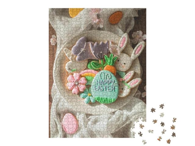 Happy Easter. Multi-Colored Pastel Easter Cookies on a Wo... Jigsaw Puzzle with 1000 pieces