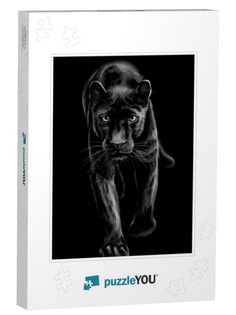 Panther. Artistic, Sketchy, Black & White Portrait of a W... Jigsaw Puzzle