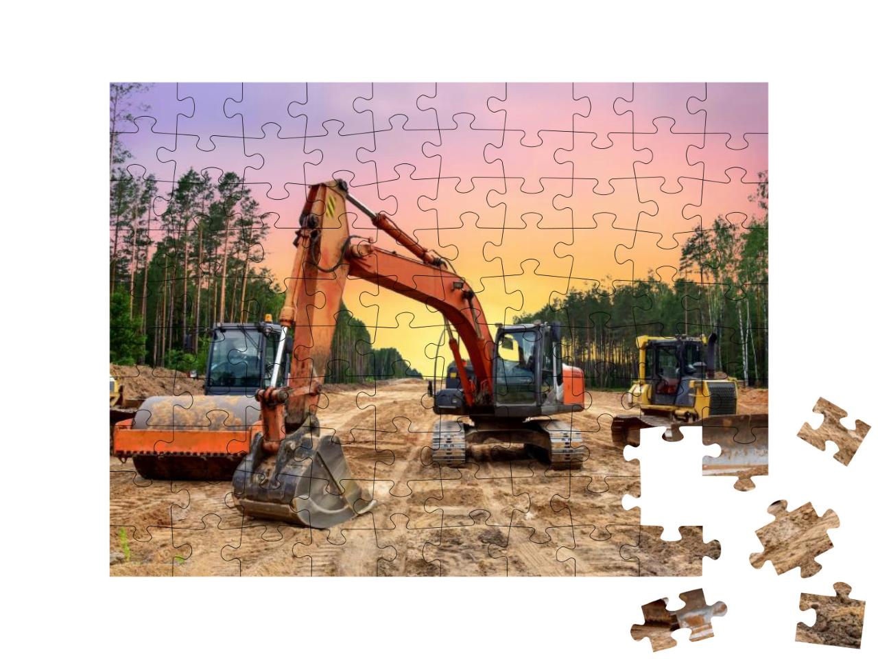 Bulldozer, Excavator & Soil Compactor on Road Work. Earth... Jigsaw Puzzle with 100 pieces