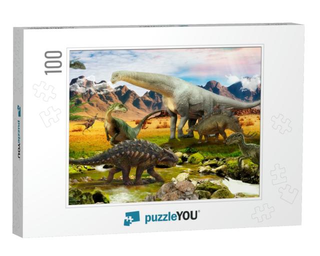 Dinosaurs in the Park by the Lake... Jigsaw Puzzle with 100 pieces