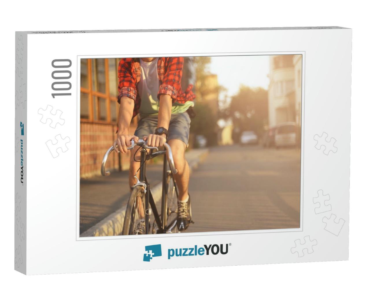 Close Up Hipster on Bike in the City At Sunset. Shot with... Jigsaw Puzzle with 1000 pieces