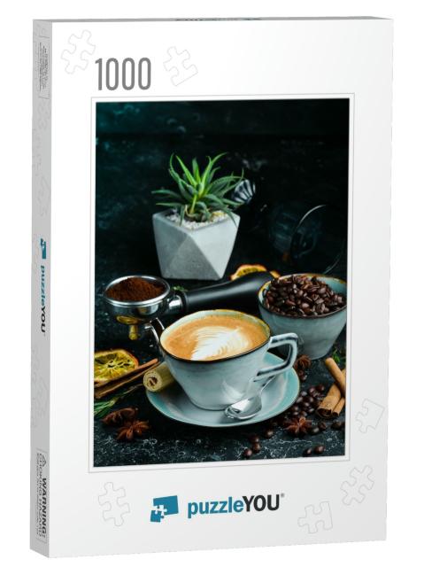 Cappuccino Coffee with Milk in a Cup. on a Black Stone Ba... Jigsaw Puzzle with 1000 pieces