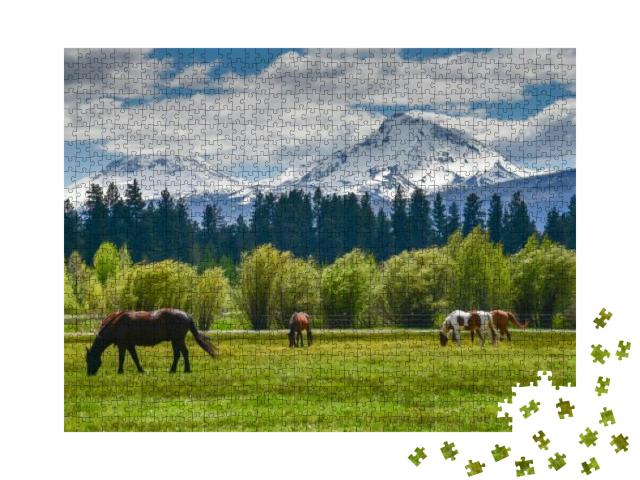 Horses in the Foreground with the Beautiful Mountains of... Jigsaw Puzzle with 1000 pieces