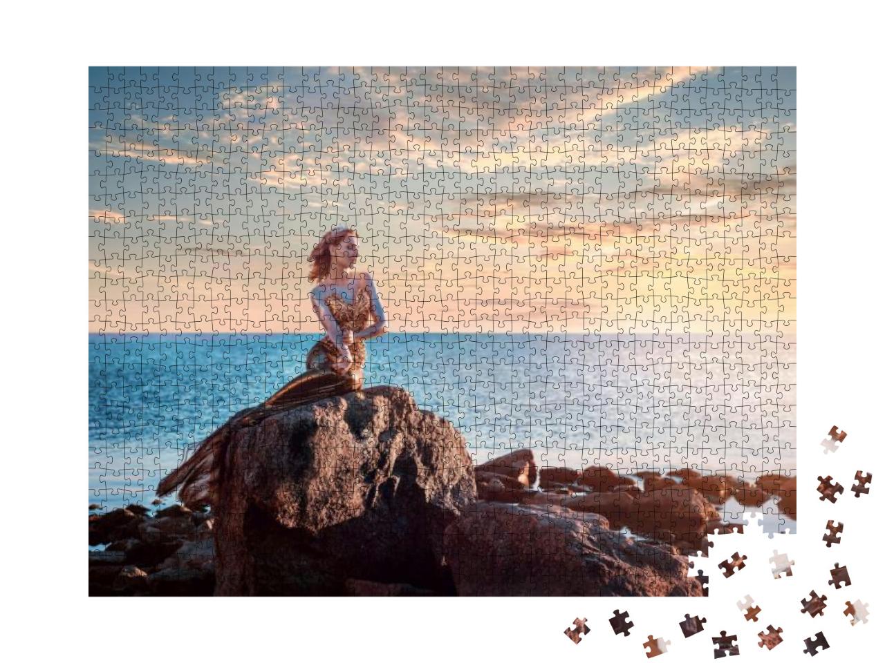 Sadness Mermaid, Nixie, Water Nymph Sitting on Stone. Sea... Jigsaw Puzzle with 1000 pieces