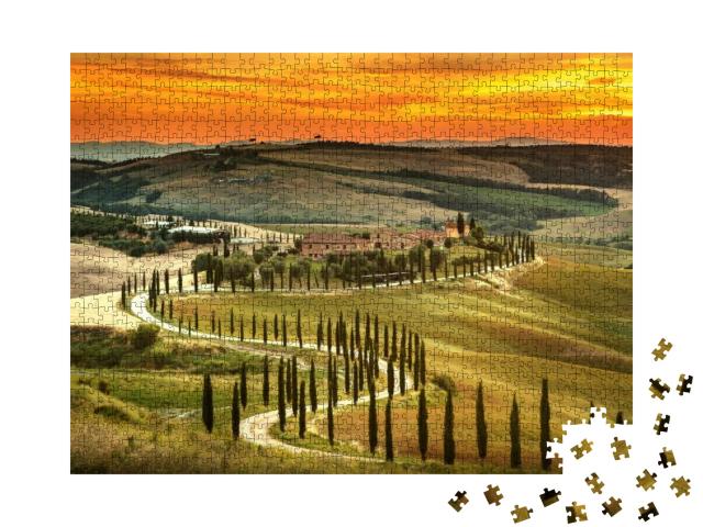 Tuscany, Rural Sunset Landscape. Countryside Farm, Cypres... Jigsaw Puzzle with 1000 pieces