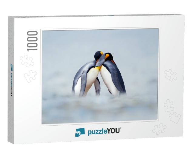 King Penguin Mating Couple Cuddling in Wild Nature, Snow... Jigsaw Puzzle with 1000 pieces