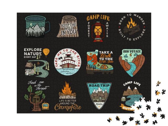 Vintage Mountain Camp Badges Logos Set, Adventure Patches... Jigsaw Puzzle with 1000 pieces