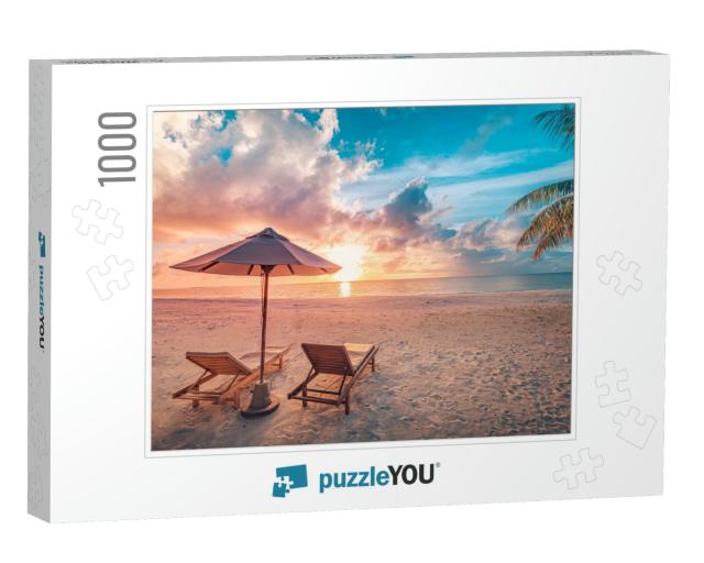 Beautiful Tropical Sunset Scenery, Two Sun Beds, Loungers... Jigsaw Puzzle with 1000 pieces