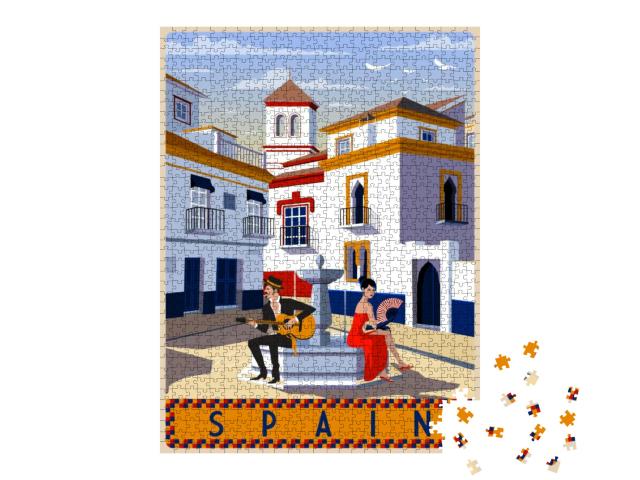 Summer Day in Small Town, Andalusia, Spain. Handmade Draw... Jigsaw Puzzle with 1000 pieces