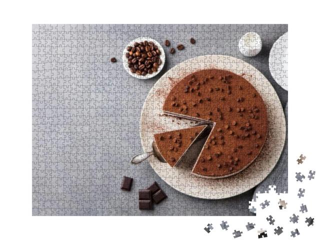 Tiramisu Cake with Chocolate Decotaion on a Plate. Grey S... Jigsaw Puzzle with 1000 pieces
