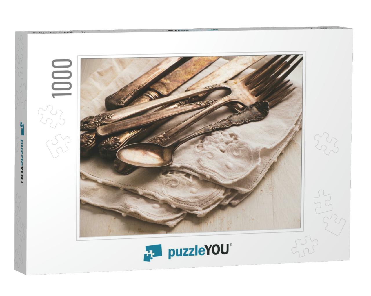 Vintage Silverware on Decorative Linen Napkins, Table Set... Jigsaw Puzzle with 1000 pieces