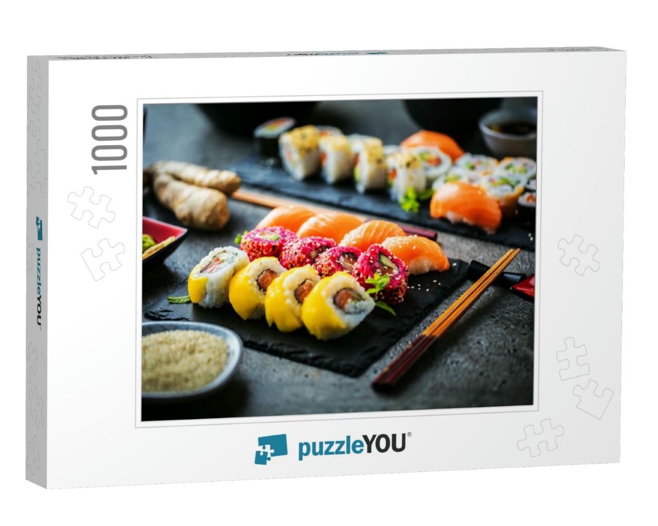 Close-Up View of Delicious Sushi Set on Slate Boards... Jigsaw Puzzle with 1000 pieces