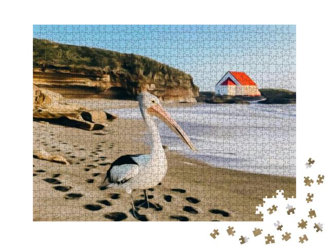 Pelican on the Beach. Oil Painting Imitation. 3D Illustra... Jigsaw Puzzle with 1000 pieces
