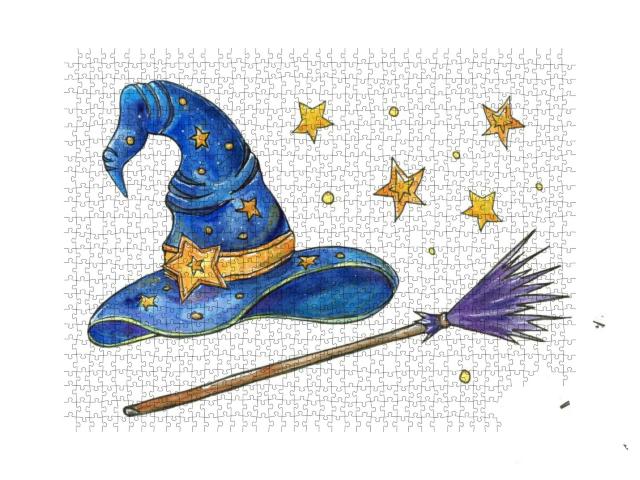 Halloween Hat with Broom & Stars. Watercolor Pai... Jigsaw Puzzle with 1000 pieces