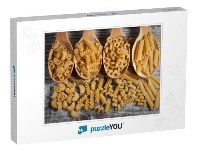 Various Mix of Pasta on Wooden Rustic Background, Sack &... Jigsaw Puzzle