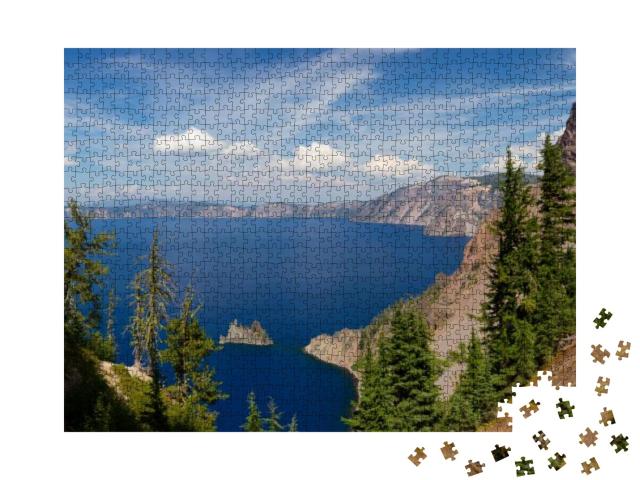 Panorama of Crater Lake on Sunny Day with Scattered Cloud... Jigsaw Puzzle with 1000 pieces