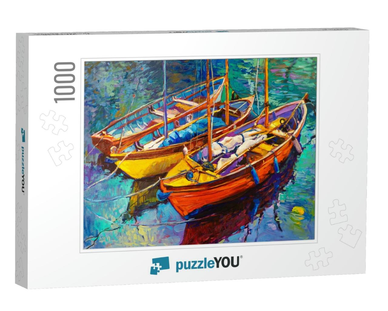 Original Oil Painting on Canvas. Boats & Sunset. Modern I... Jigsaw Puzzle with 1000 pieces