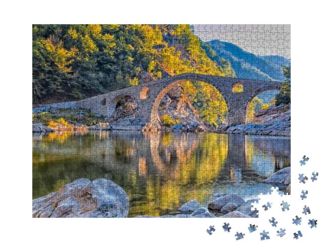 In Autumn Old Stone Bridge Near Ardino, Bulgaria... Jigsaw Puzzle with 1000 pieces