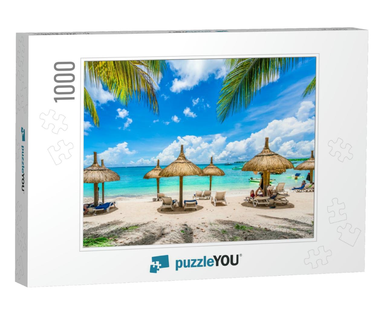 Public Beach with Lounge Chairs & Umbrellas, Mauritius Is... Jigsaw Puzzle with 1000 pieces