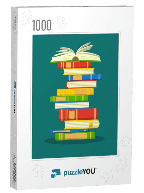 Stack of Colorful Books with Open Book on Teal Background... Jigsaw Puzzle with 1000 pieces