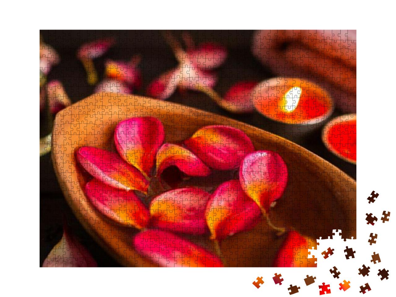 Aromatherapy Spa Set Concept. Red Plumeria Petals Floatin... Jigsaw Puzzle with 1000 pieces
